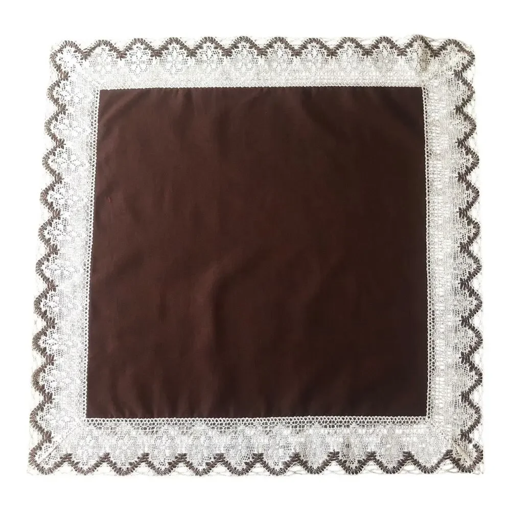 Vintage Brown Table Topper with White Crochet Lace Trim Square Tablecloth
